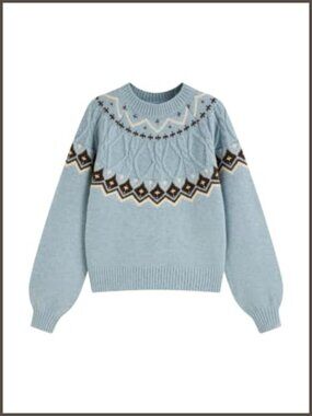 Fair Isle Sweater Cropped Long Sleeve Wool Blend Crewneck Pullover